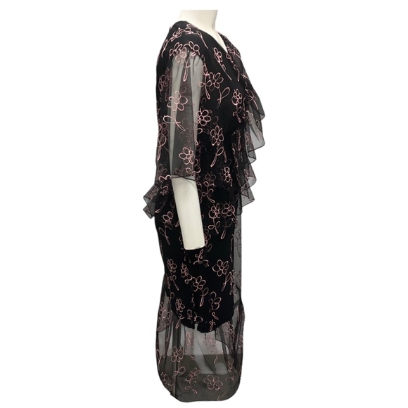 SANDY LIANG BLACK / PINK FLORAL EMBROIDERED MESH TULLE COCKTAIL DRESS - Picture 2 of 4